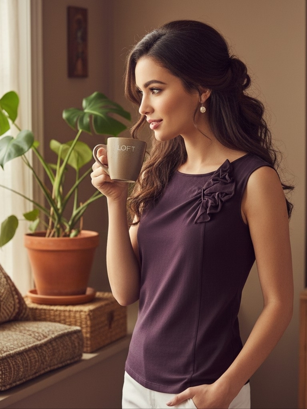 LOFT “Midnight Bloom” Deep Purple Romantic Sleeveless Tunic – Size XS